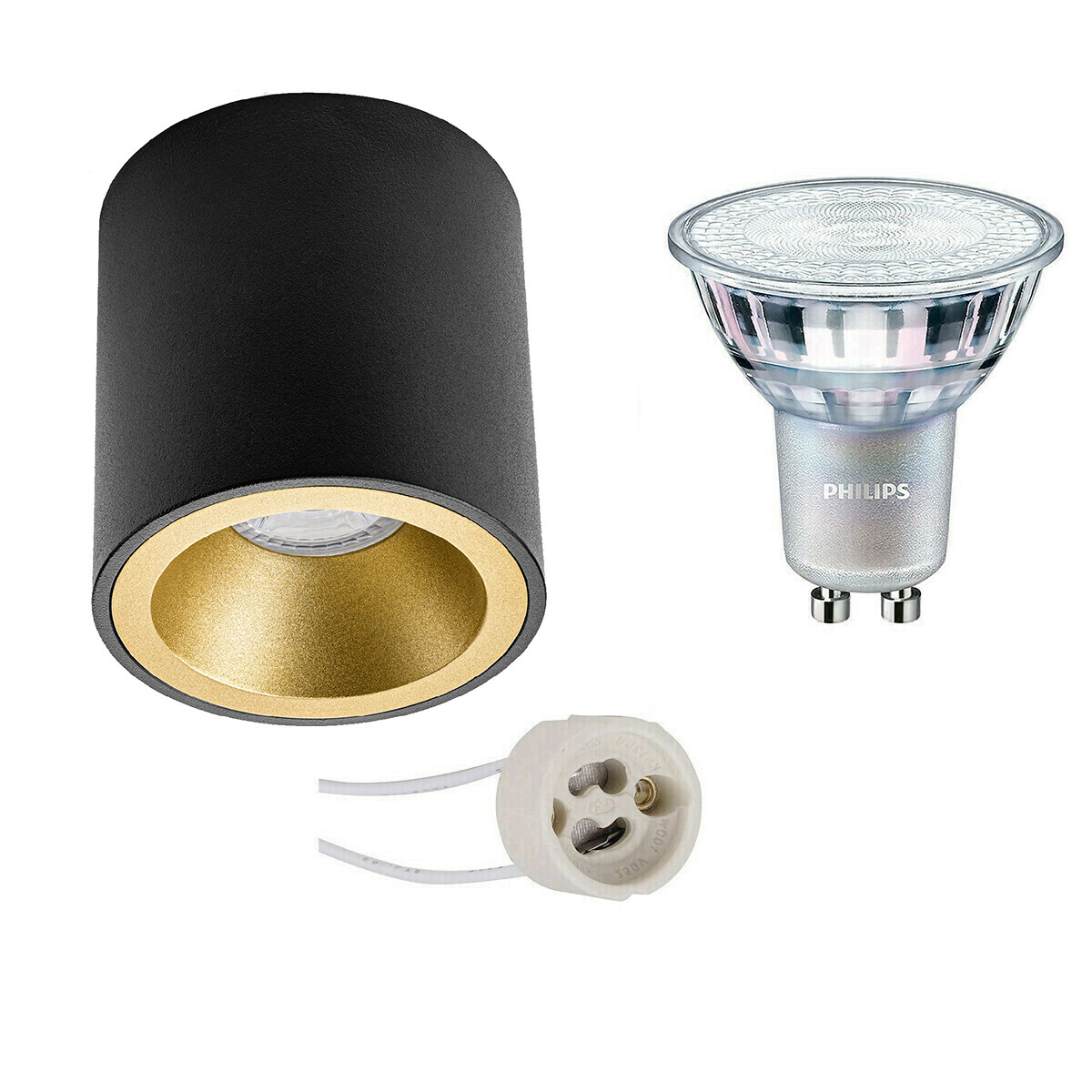 Opbouwspot Set - Pragmi Cliron Pro - GU10 Fitting - Opbouw Rond - Mat Zwart/Goud - Verdiept - Ø90mm - Philips - MASTER 927 36D VLE - 3.7W - Warm Wit 2200K-2700K - DimTone Dimbaar