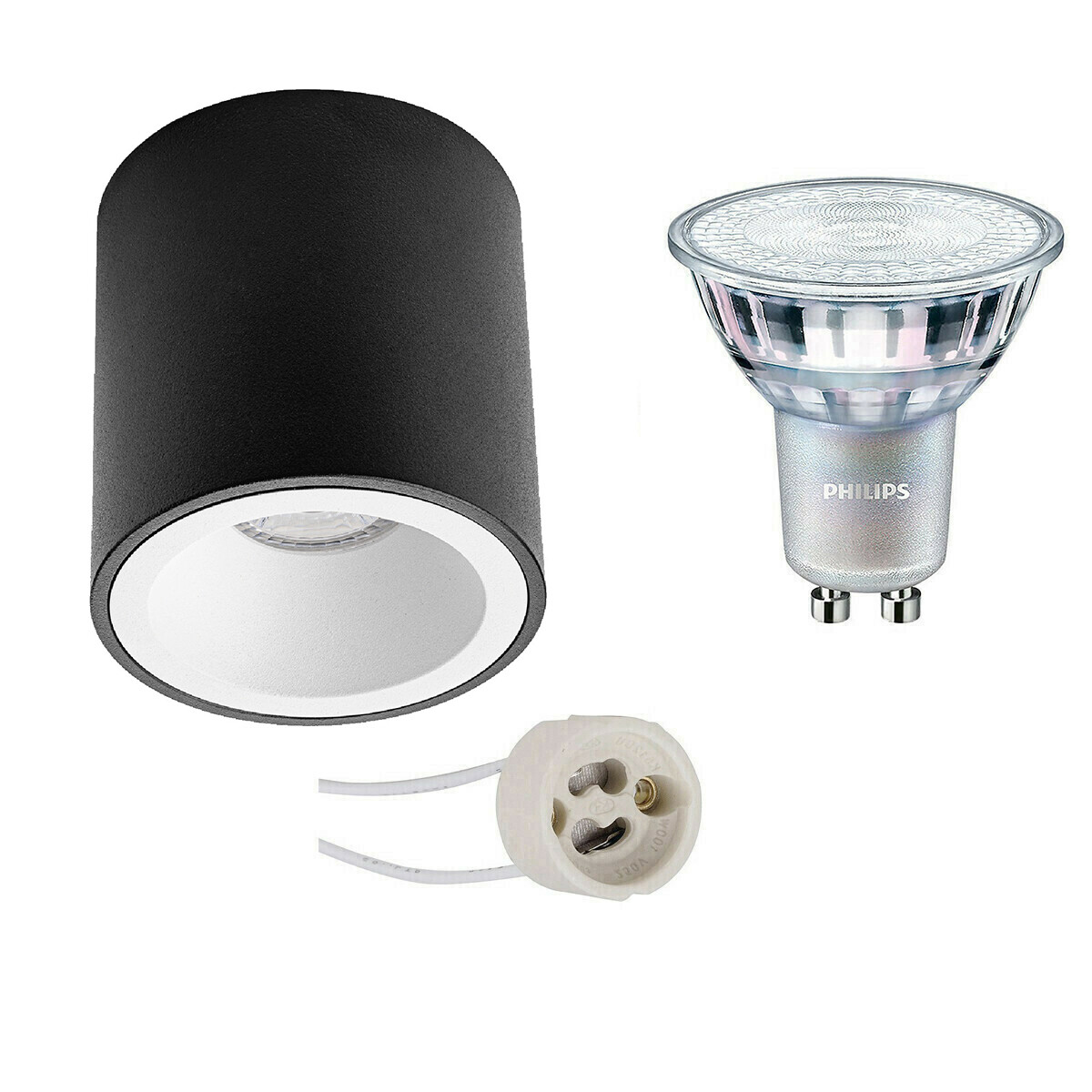 Opbouwspot Set - Pragmi Cliron Pro - GU10 Fitting - Opbouw Rond - Mat Zwart/Wit - Verdiept - Ø90mm - Philips - MASTER 927 36D VLE - 4.9W - Warm Wit 2200K-2700K - DimTone Dimbaar