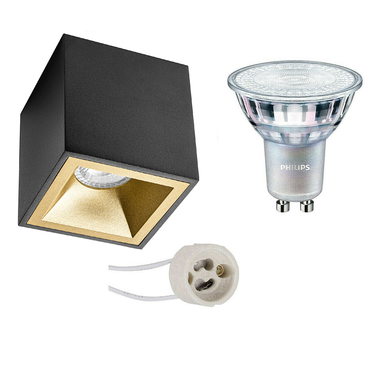 Opbouwspot Set - Pragmi Cliron Pro - GU10 Fitting - Opbouw Vierkant - Mat Zwart/Goud - Verdiept - 90mm - Philips - MASTER 927 36D VLE - 3.7W - Warm Wit 2200K-2700K - DimTone Dimbaar