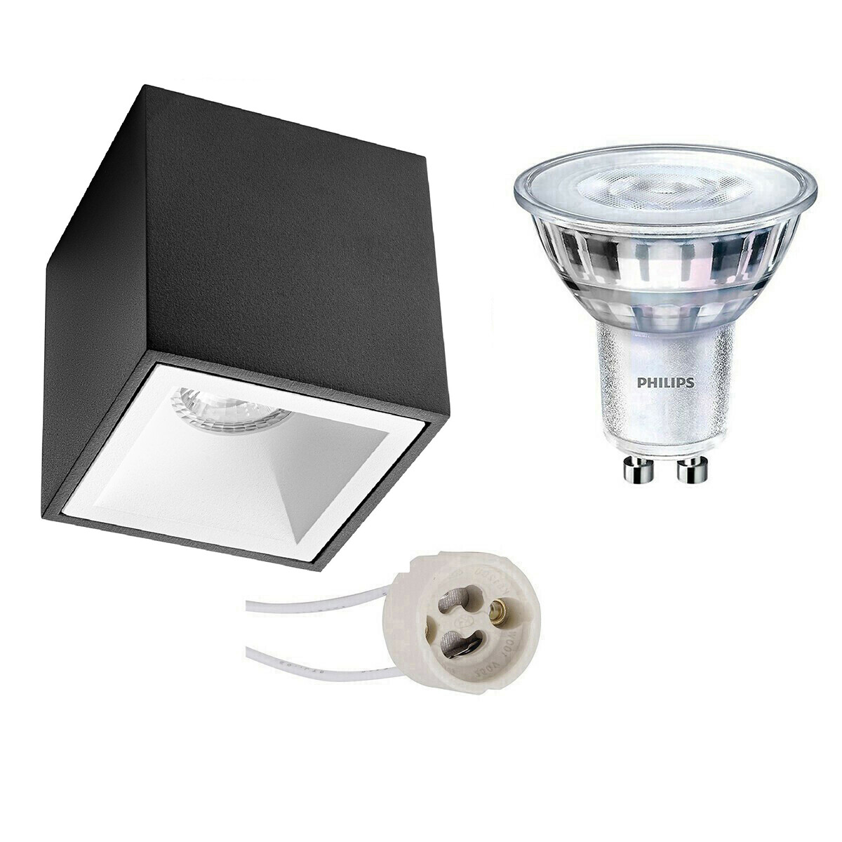 Opbouwspot Set - Pragmi Cliron Pro - GU10 Fitting - Opbouw Vierkant - Mat Zwart/Wit - Verdiept - 90mm - Philips - SceneSwitch 827 36D - 1.5W-5W - Warm Wit 2200K-2700K - Dimbaar