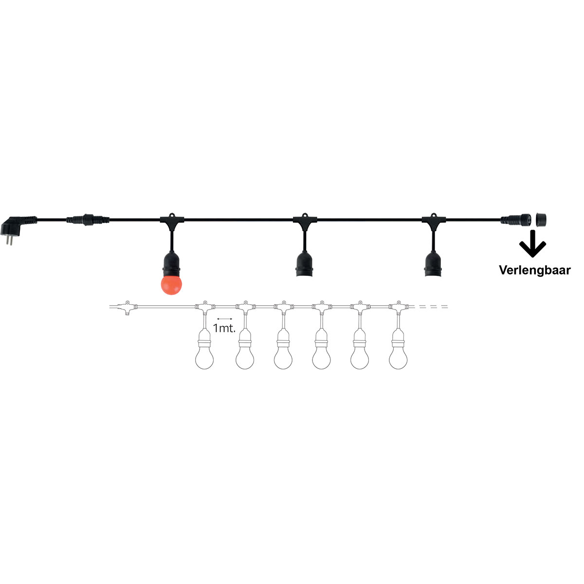 Prikkabel - Lichtsnoer - E27 Fitting - 10 Lampen - 10 Meter - 1500W - Zwart