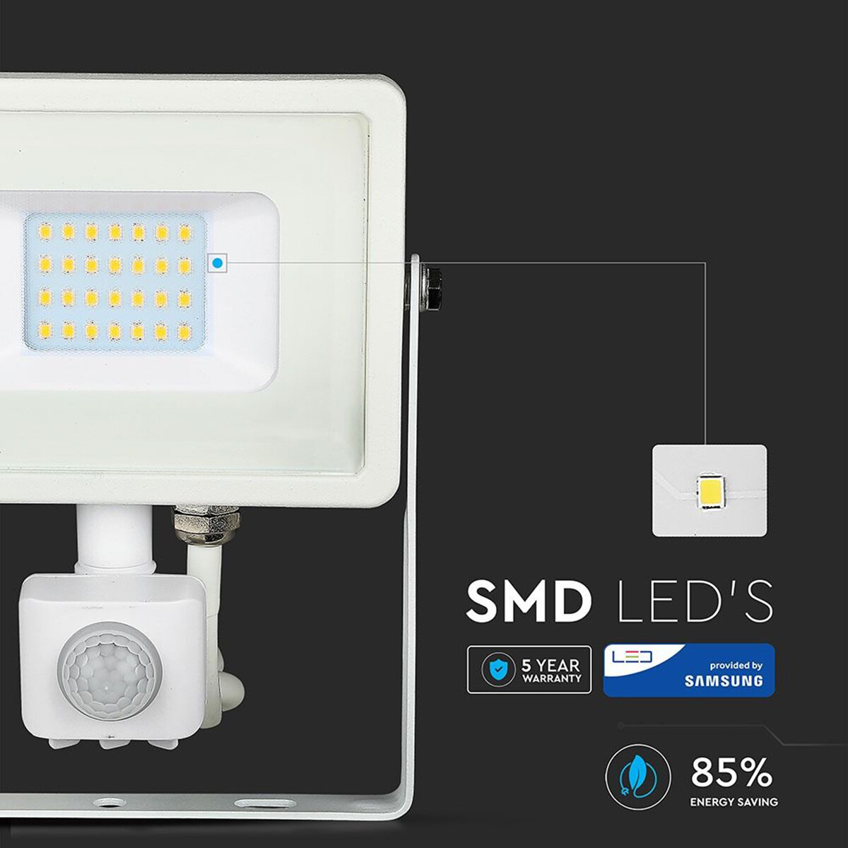 LED Bouwlamp 20 Watt met Sensor - LED Schijnwerper - Viron Dana - Helder/Koud Wit 6400K - Mat Wit - Aluminium - SAMSUNG LEDs