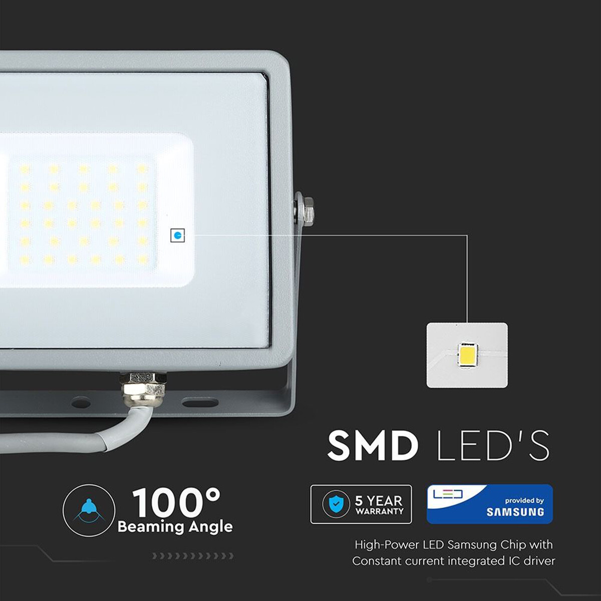 LED Bouwlamp 30 Watt - LED Schijnwerper - Viron Dana - Natuurlijk Wit 4000K - Mat Grijs - Aluminium - SAMSUNG LEDs