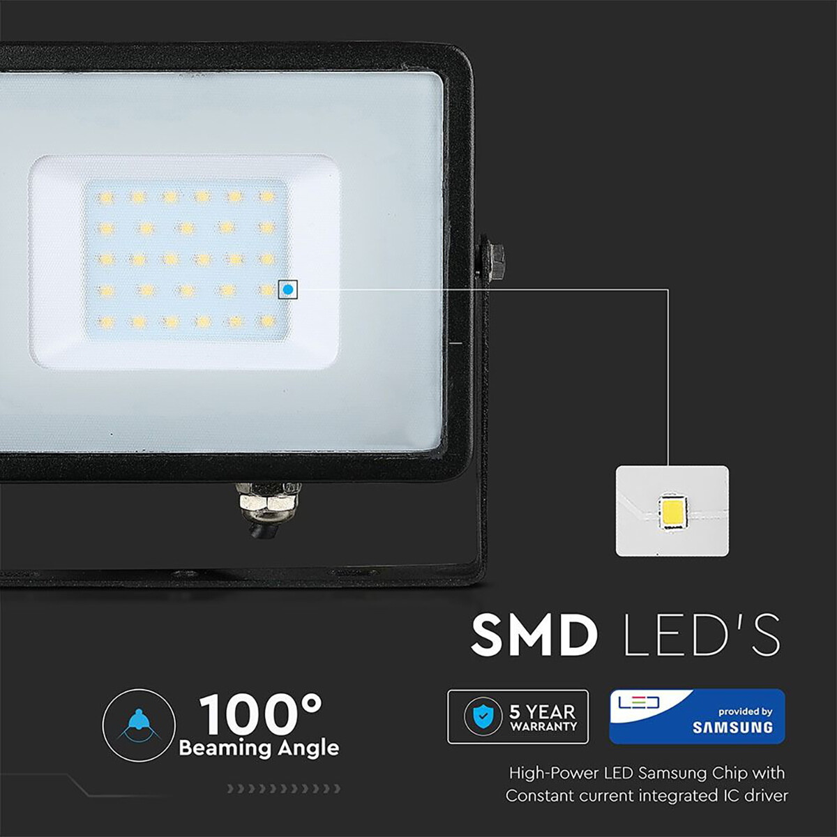 LED Bouwlamp 30 Watt - LED Schijnwerper - Viron Ponimo - Natuurlijk Wit 4000K - Kabelverbinding - Mat Zwart - Aluminium - SAMSUNG LEDs