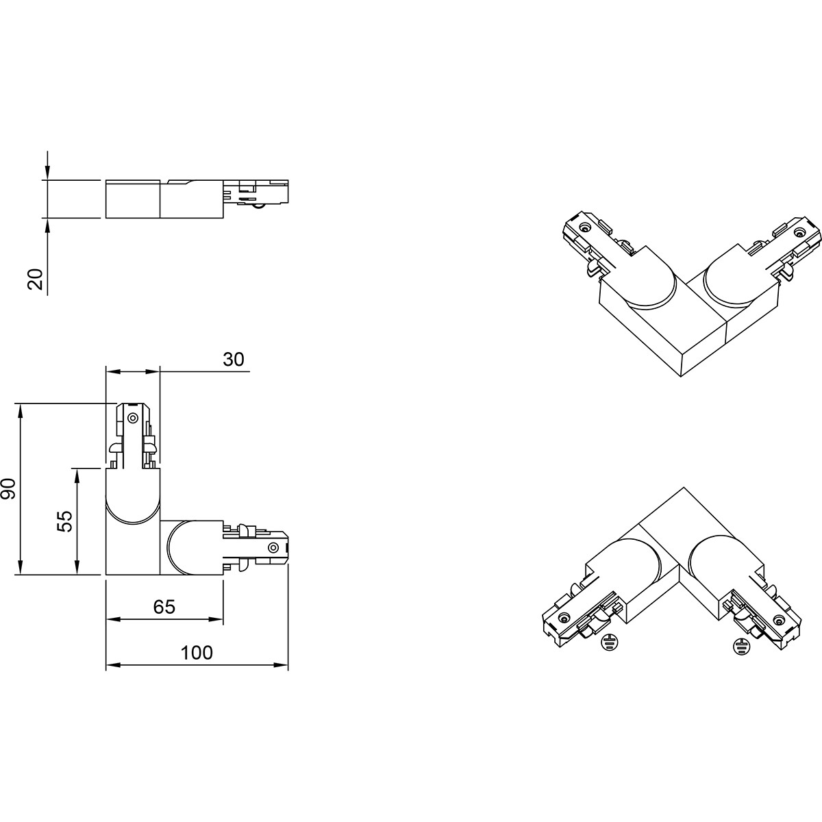 Spanningsrail Doorverbinder - Trion Dual - Hoek L Connector - Aarde Binnen - 2 Fase - Mat Titaan