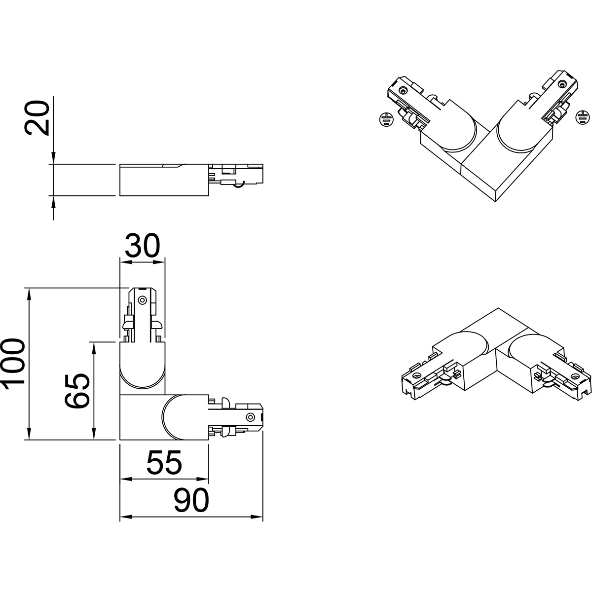 Spanningsrail Doorverbinder - Trion Dual - Hoek L Connector - Aarde Buiten - 2 Fase - Mat Titaan