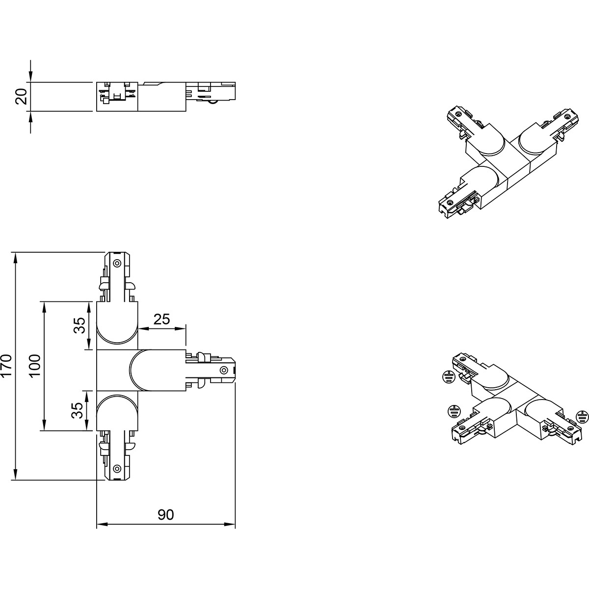 Spanningsrail Doorverbinder - Trion Dual - T Connector - Aarde Links - 2 Fase - Mat Zwart