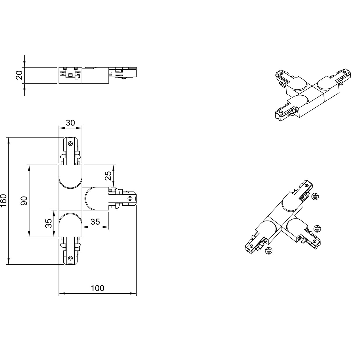 Spanningsrail Doorverbinder - Trion Dual - T Connector - Aarde Rechts - 2 Fase - Mat Titaan