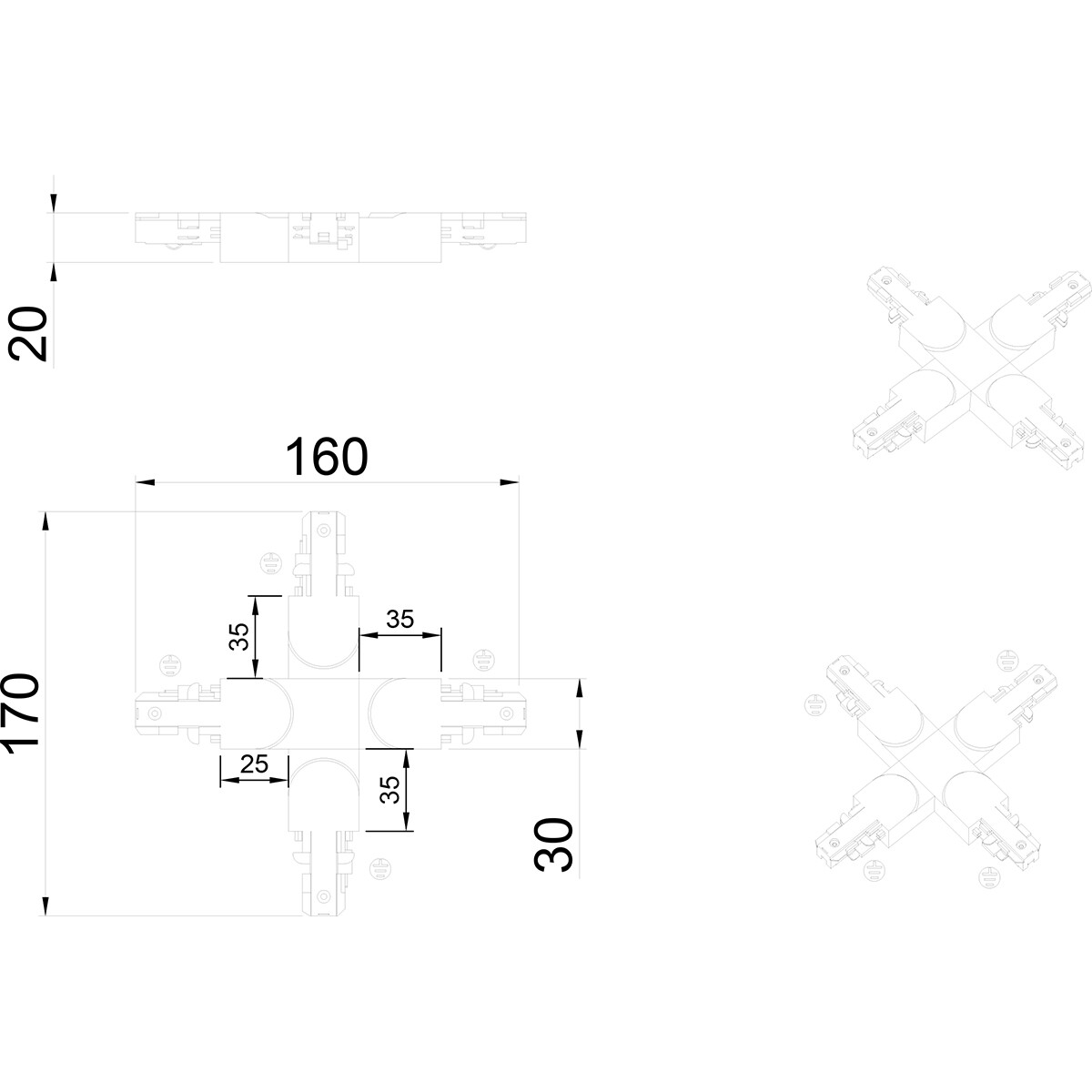 Spanningsrail Doorverbinder - Trion Dual - X Kruis Connector - 2 Fase - Mat Titaan