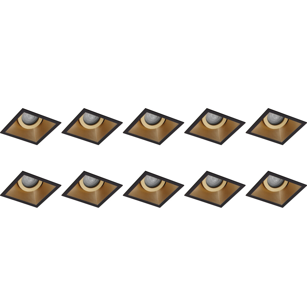 Spot Armatuur 10 Pack - Pragmi Zano Pro - GU10 Inbouwspot - Vierkant - Zwart/Goud - Aluminium - Kantelbaar - 93mm