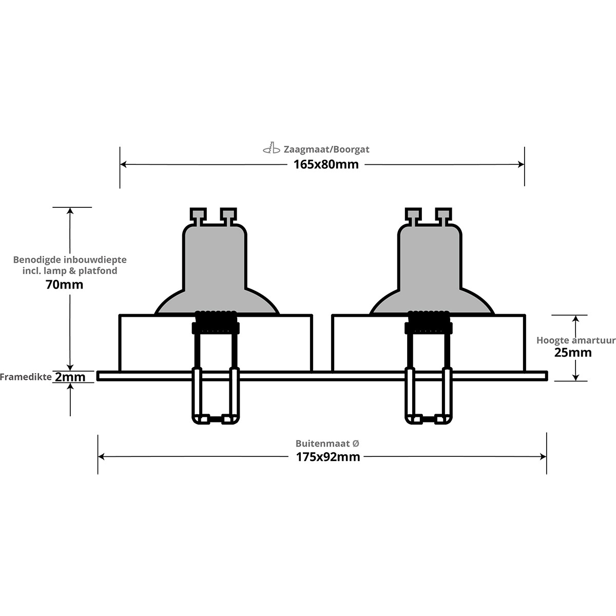 Spot Armatuur GU10 - Pragmi Borny Pro - GU10 Inbouwspot - Rechthoek Dubbel - Wit - Aluminium - Kantelbaar - 175x92mm