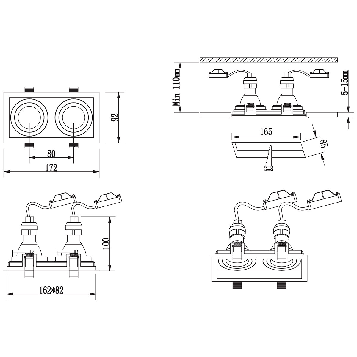 Spot Armatuur GU10 - Trion Kenan - GU10 Inbouwspot - Rechthoek - 2-lichts - Wit - Aluminium - Verdiept - Kantelbaar - Ø90