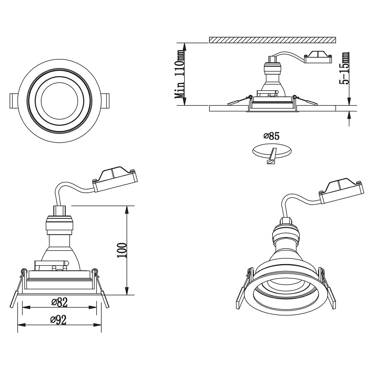 Spot Armatuur GU10 - Trion Kenan - GU10 Inbouwspot - Rond - 1-lichts - Zwart - Aluminium - Verdiept - Kantelbaar - Ø90