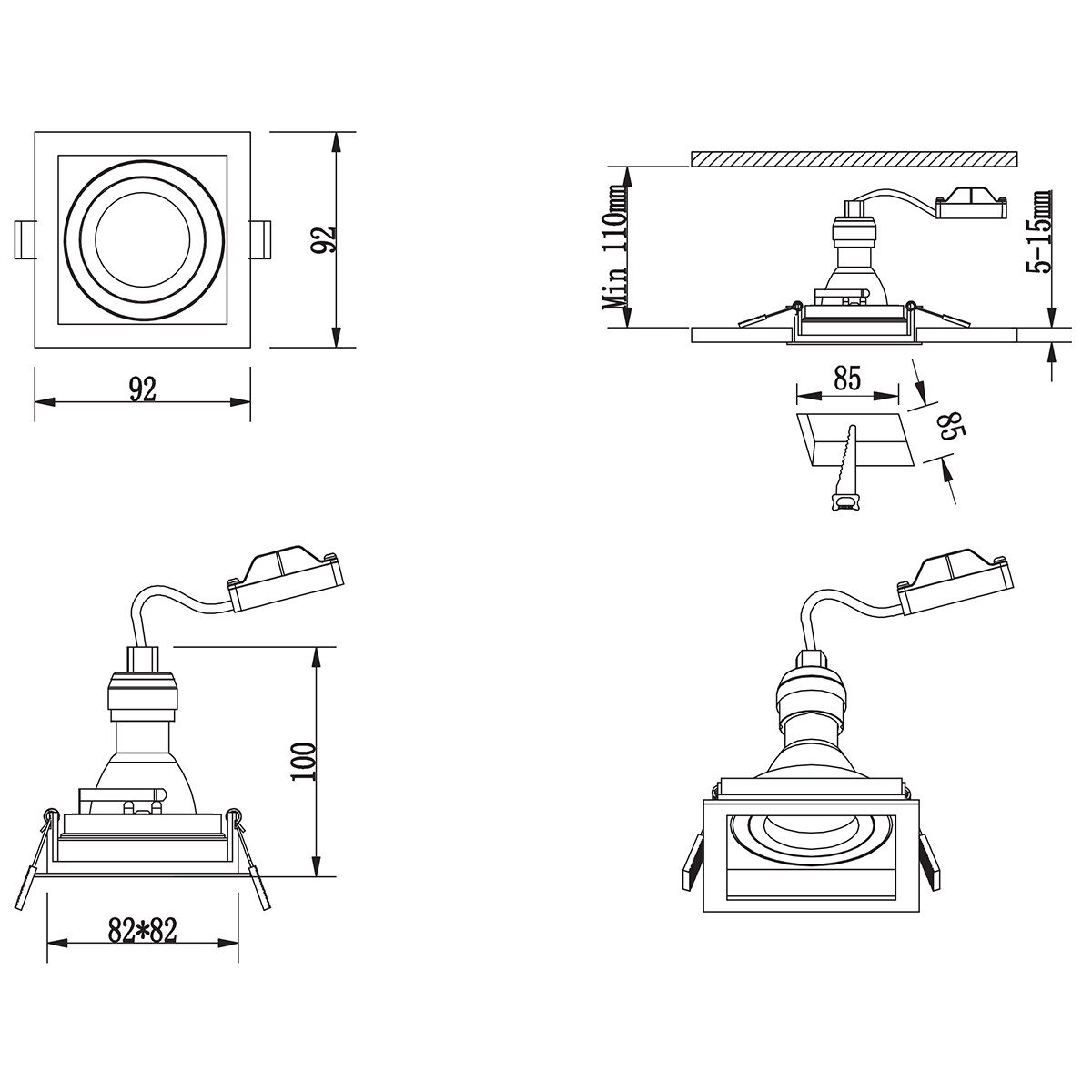 Spot Armatuur GU10 - Trion Kenan - GU10 Inbouwspot - Vierkant - 1-lichts - Wit - Aluminium - Verdiept - Kantelbaar - Ø90