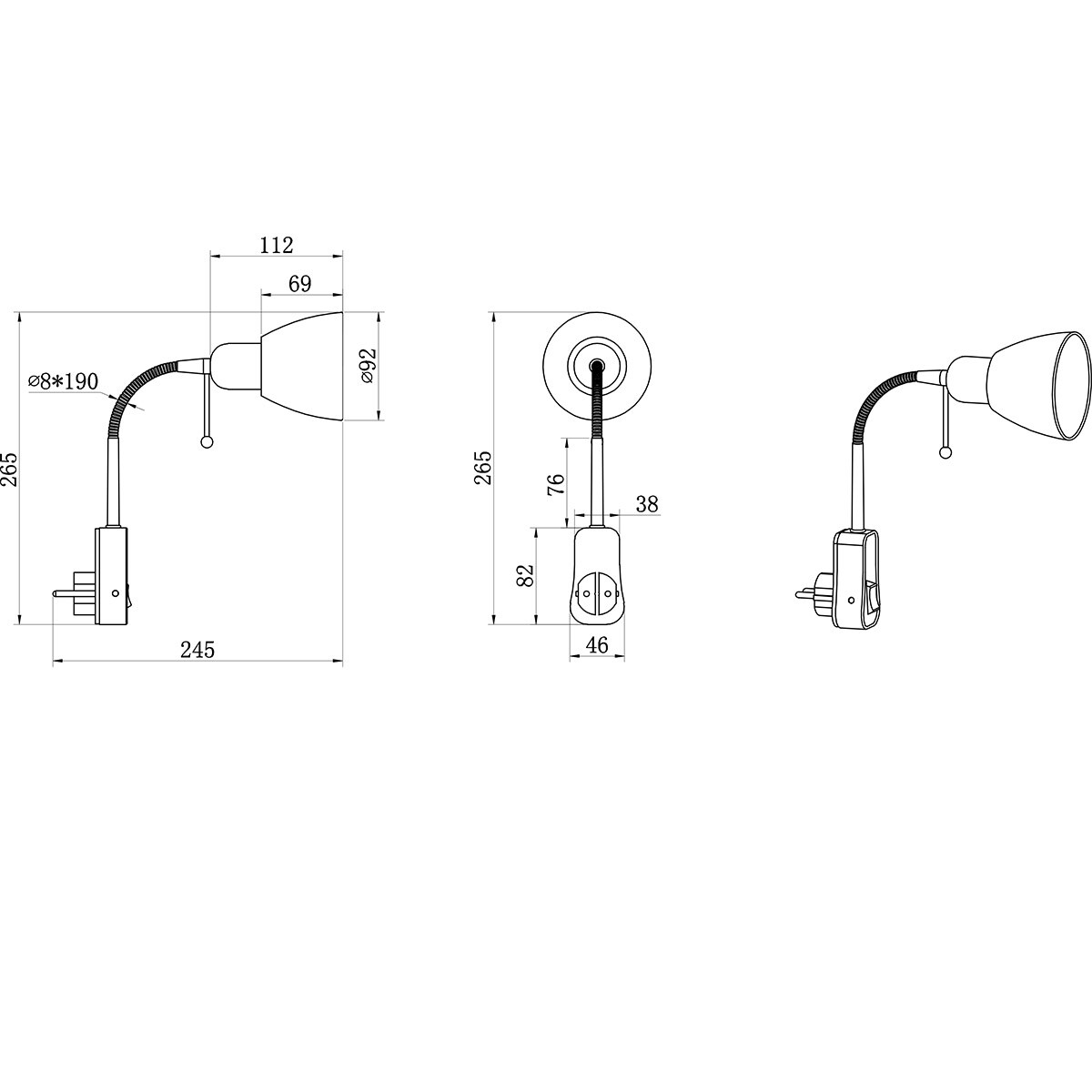 Stopcontact Lamp met Schakelaar - Trion Likapa - Rond - Mat Zwart - Metaal - E14 - Stekkerlamp - Stekkerspot 