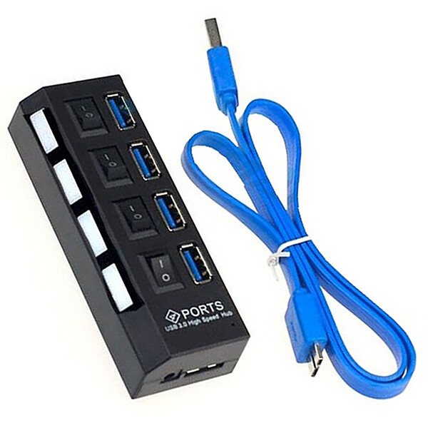 USB Hub - High Speed 4 Ports 3.0 - Multi Oplaadadapter - Aan/Uit Knop - LED Verlichting - Zwart