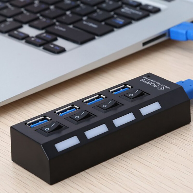 USB Hub - High Speed 4 Ports 3.0 - Multi Oplaadadapter - Aan/Uit Knop - LED Verlichting - Zwart