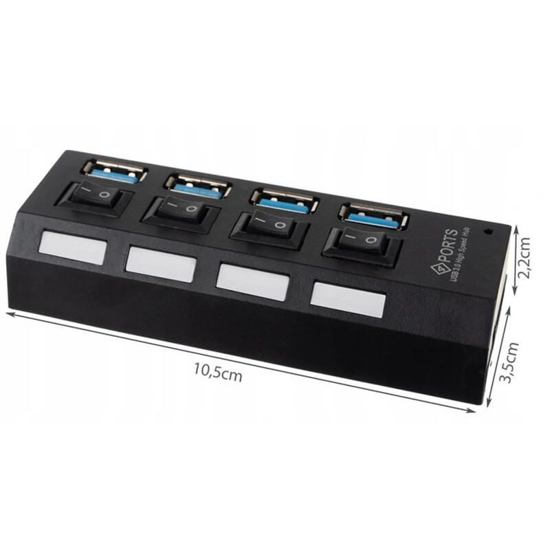 USB Hub - High Speed 4 Ports 3.0 - Multi Oplaadadapter - Aan/Uit Knop - LED Verlichting - Zwart