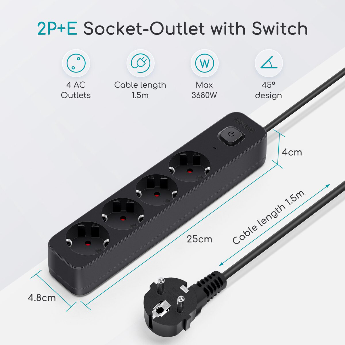 Stekkerdoos met Schakelaar - Verlengsnoer met Schakelaar - Aigi Quino - 3680W - 4 Stopcontacten - 1.5 Meter - Zwart | Nederland