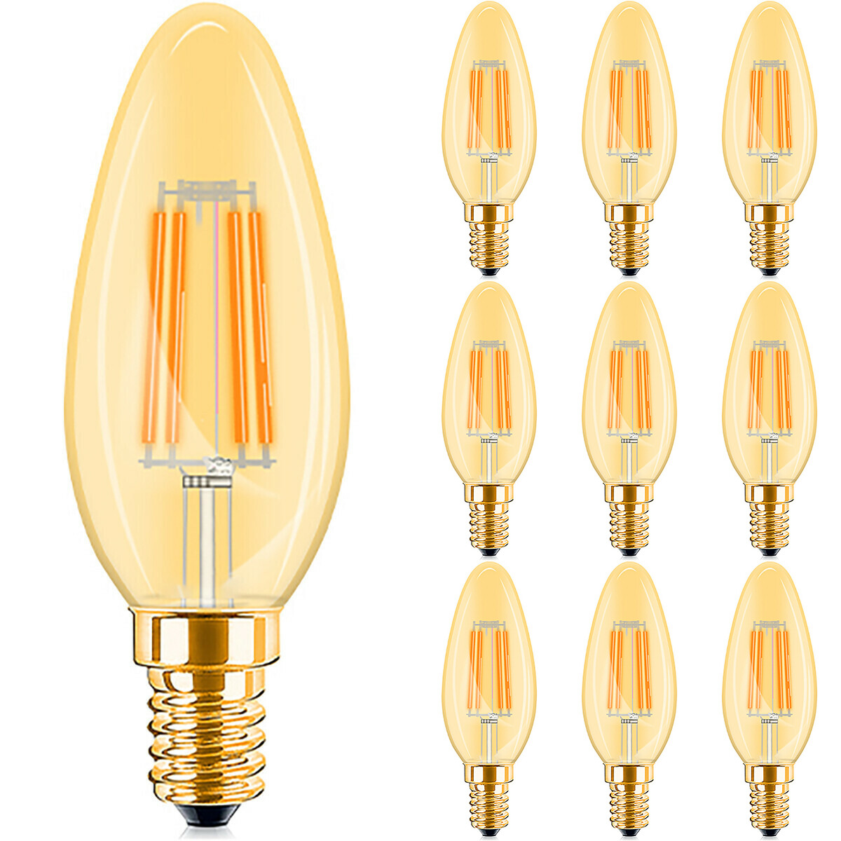 Voordeelpak 10x LED Lamp E14 Kaars Filament - Brinton - Amber 4W 360lm - 822 Zeer Warm Wit 2200K - C35 | Vervangt 32W