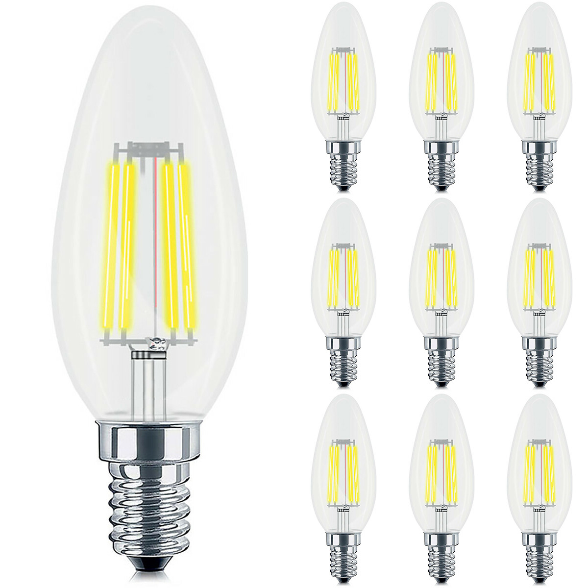 Voordeelpak 10x LED Lamp E14 Kaars Filament - Brinton - Helder 4W 470lm - 830 Warm Wit 3000K - C35 - CLR - Dimbaar | Vervangt 40W