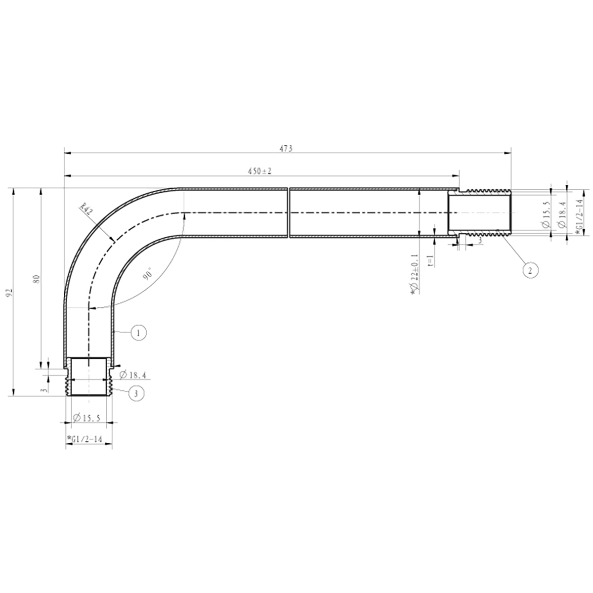 Wiesbaden Caral Douchearm met Muurbevestiging - Gebogen - 45cm - Chroom