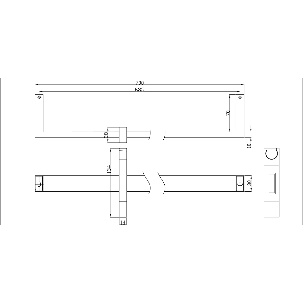 Wiesbaden Glijstang - Vierkant - 70cm - Chroom