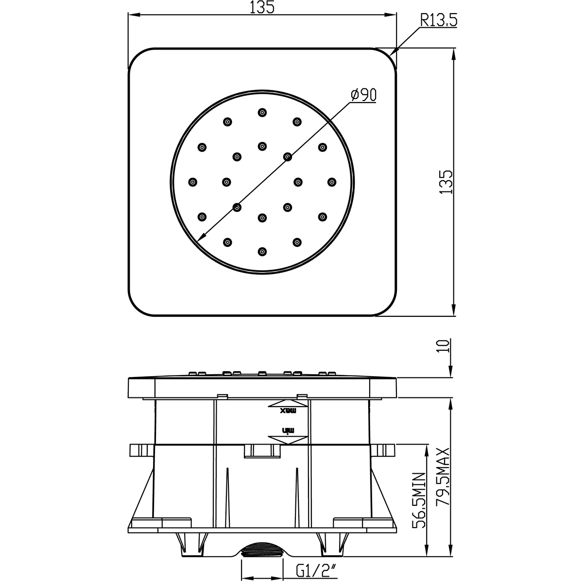 Wiesbaden Inbouw Verstelbare Zijdouche - Vierkant - 135x135mm - ABS - Chroom