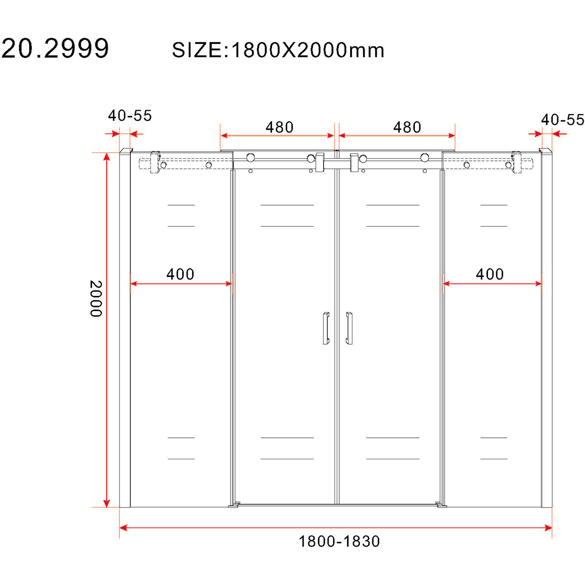 Wiesbaden Slide Nis Schuifdeur Dubbel - 1800x2000x8mm - NANO - Helder Glas/Mat Zwart